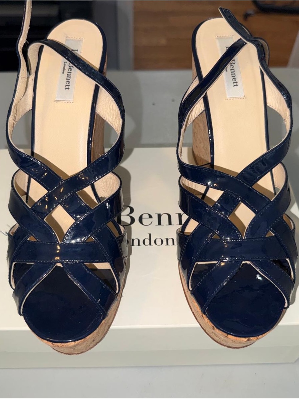 LK Bennett Navy Patent Wedge Sandals